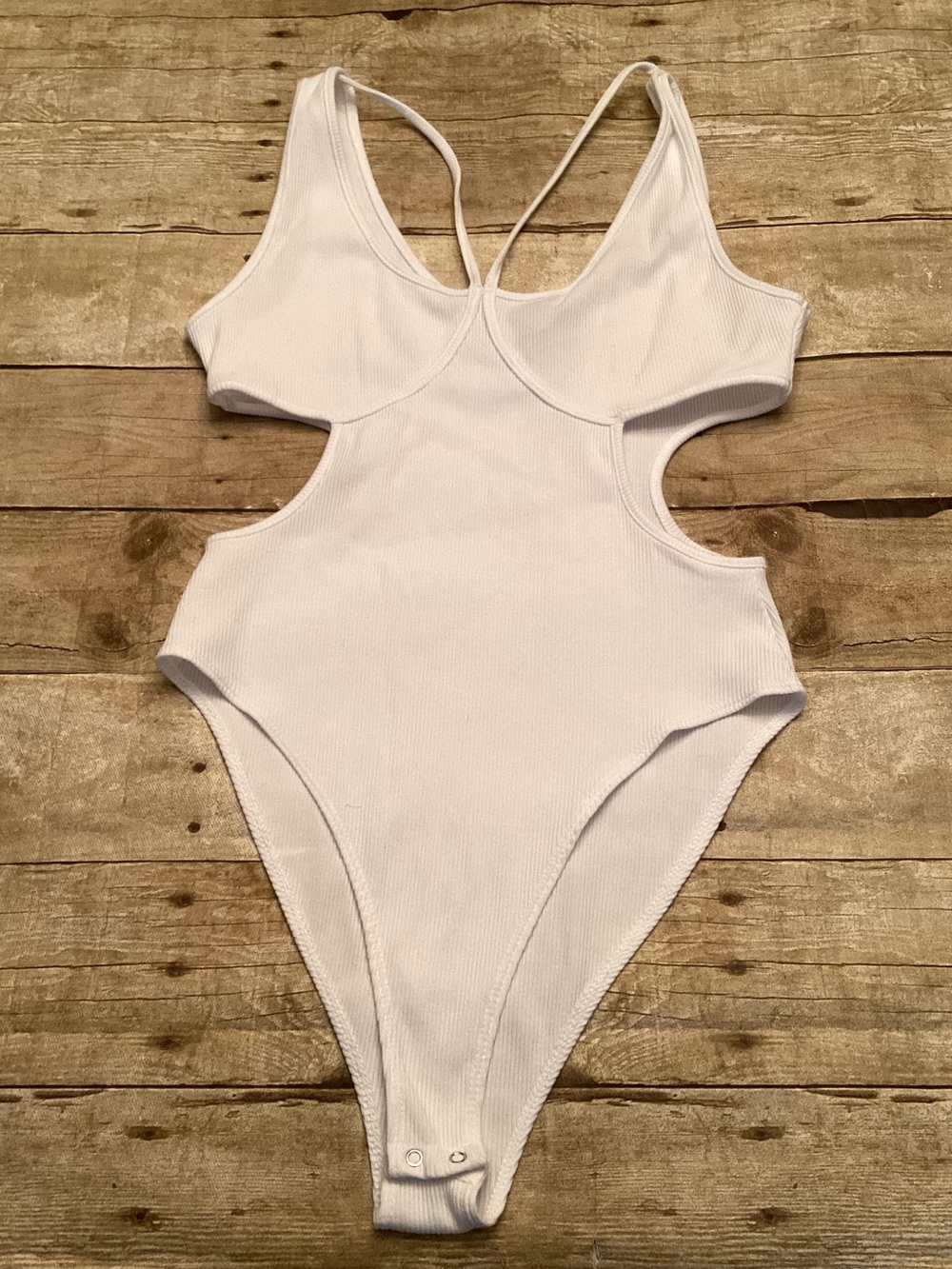White Ribbed Cutout Bodysuit | Sleeveless Stretch One Piece | Size Large